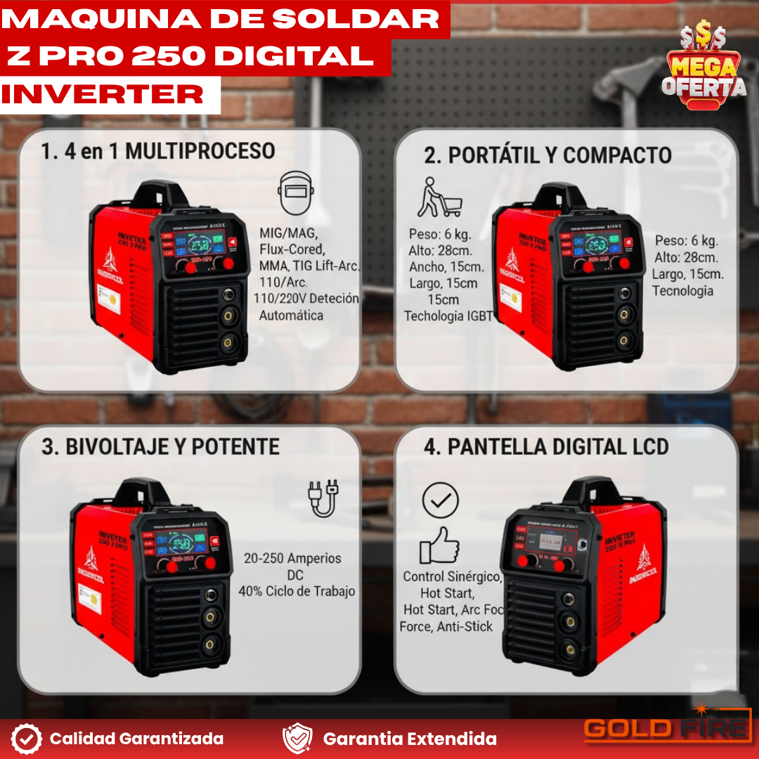 250 Z Pro Inverter MIG MULTIPROCESO 3 EN 1 + Obsequio